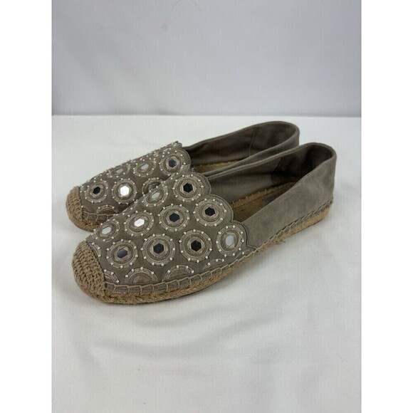 Tory Burch Yasmin Flats Espadrilles Grey Suede 7 Mirror Accents - Picture 2 of 11